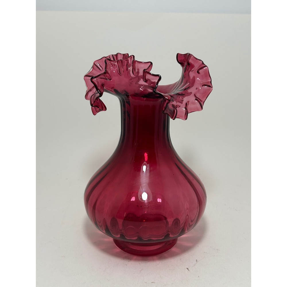 Fenton style Cranberry Glass Optic‎ Rib Ruffled Rim Vase Vintage Art Glass Pink